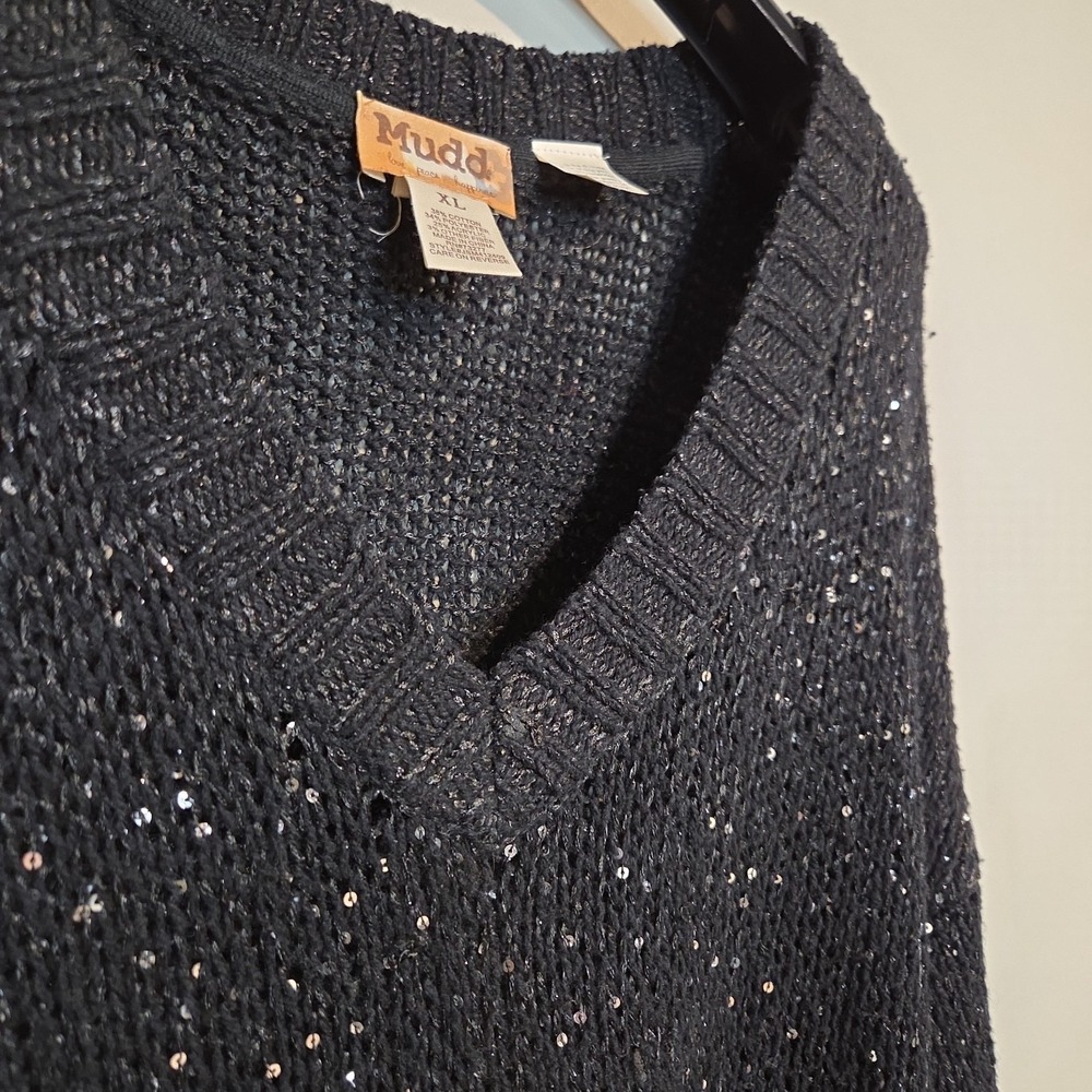 Mudd Sweater Womens XL Black Sequin Knit V-Neck Pullover Vintage Y2K Sparkle Top